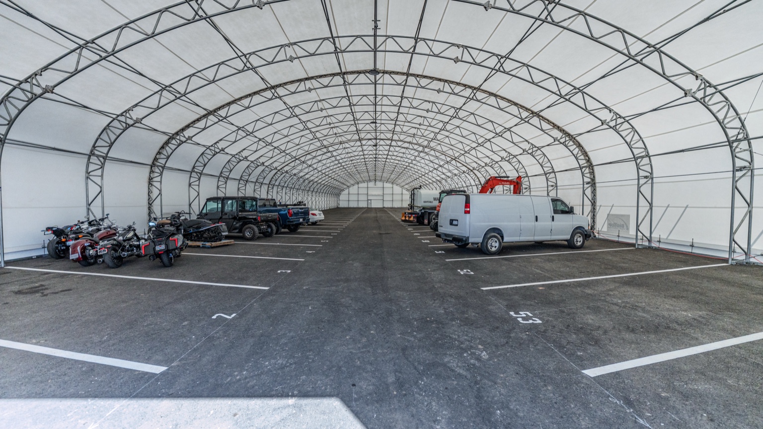Inside the indoor storage tent with power outlets
